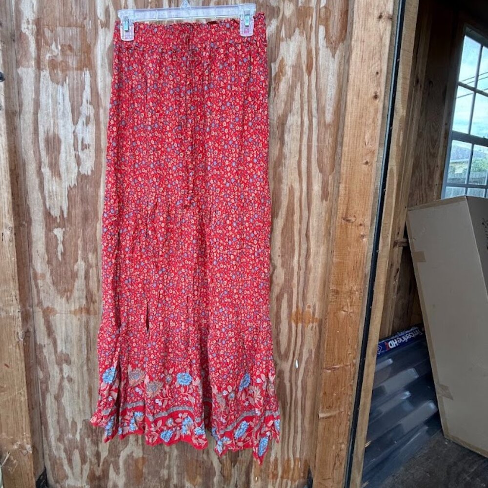 Boho Floral Print Red Prairie Ruffle Maxi Skirt Women's Size Medium